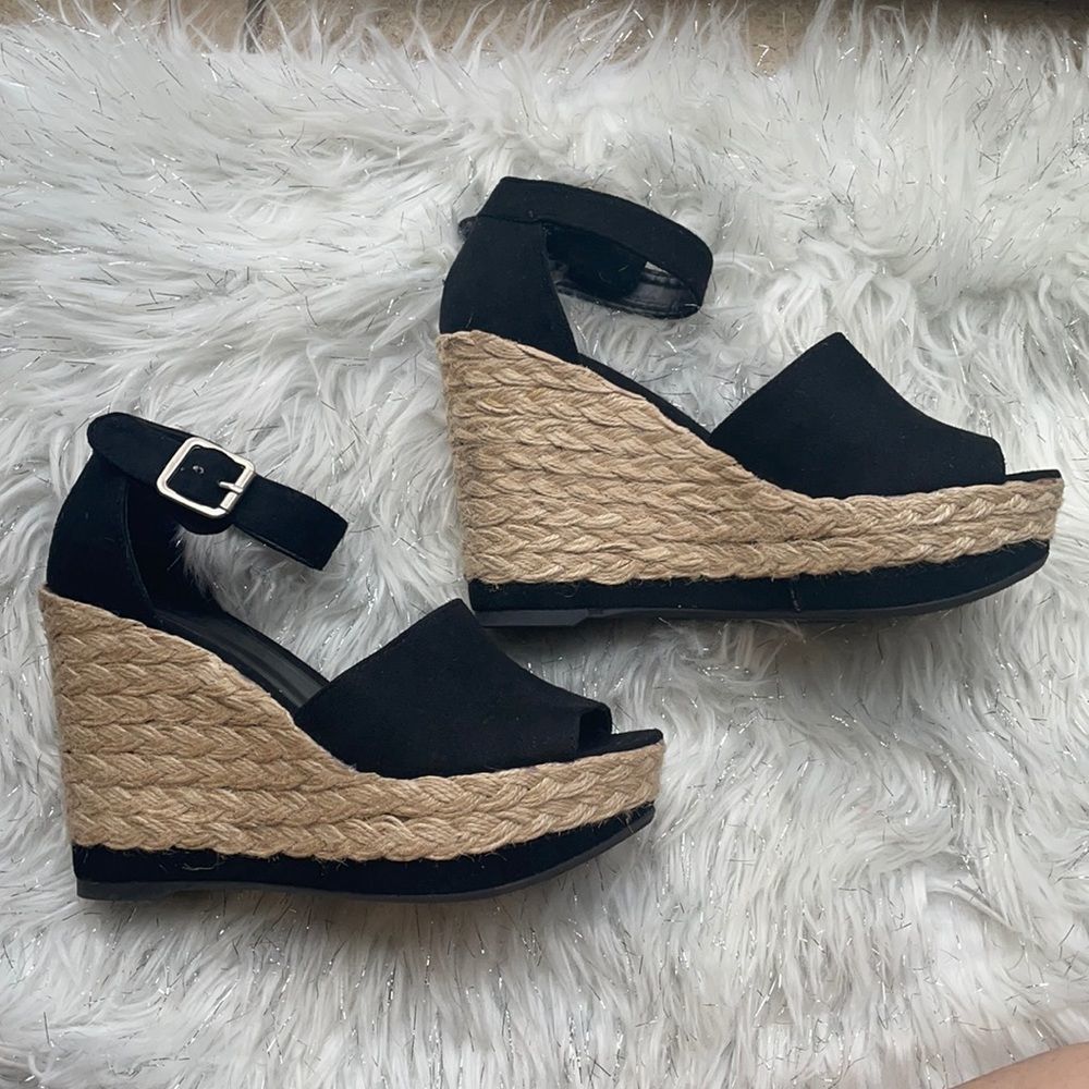 Black Wild Diva Suede Espadrille Wedges